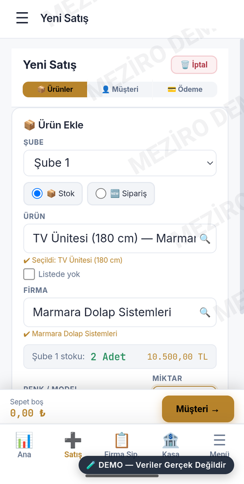 Meziro Yeni Satış — mobil ekran, ürün/firma seçimi ve stok kontrolü