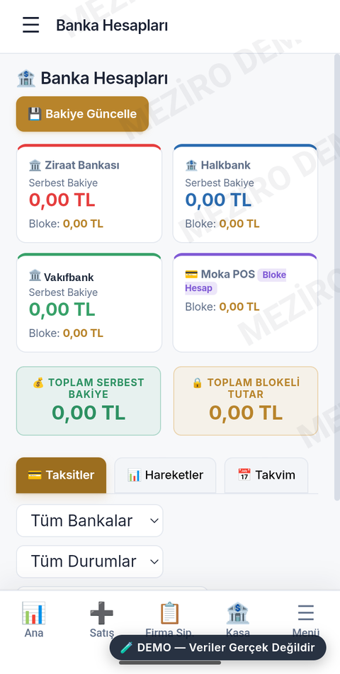 Meziro Banka Hesapları — tüm hesapları tek yerden takip, taksit/hareket/takvim sekmeleri